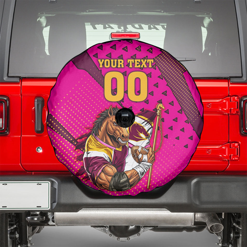 Custom Rugby Broncos Spare Tire Cover Muscular Horse Mascot With Flag In Pink