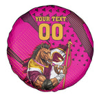 Custom Rugby Broncos Spare Tire Cover Muscular Horse Mascot With Flag In Pink