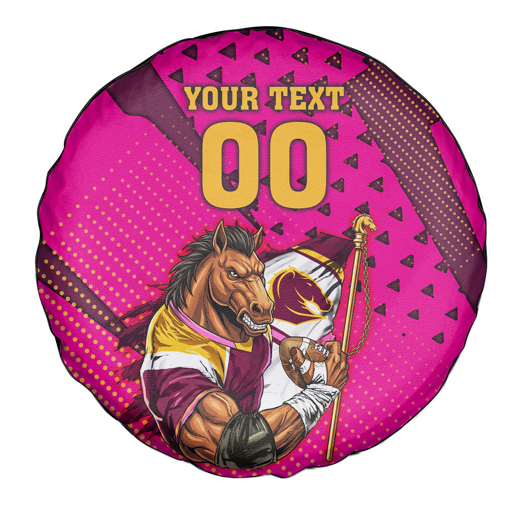 Custom Rugby Broncos Spare Tire Cover Muscular Horse Mascot With Flag In Pink
