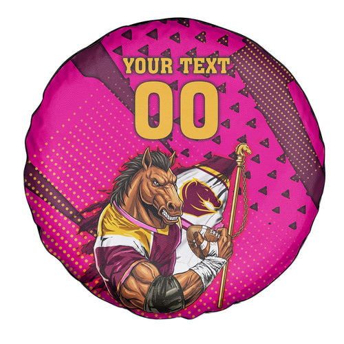 Custom Rugby Broncos Spare Tire Cover Muscular Horse Mascot With Flag In Pink