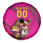 Custom Rugby Broncos Spare Tire Cover Muscular Horse Mascot With Flag In Pink