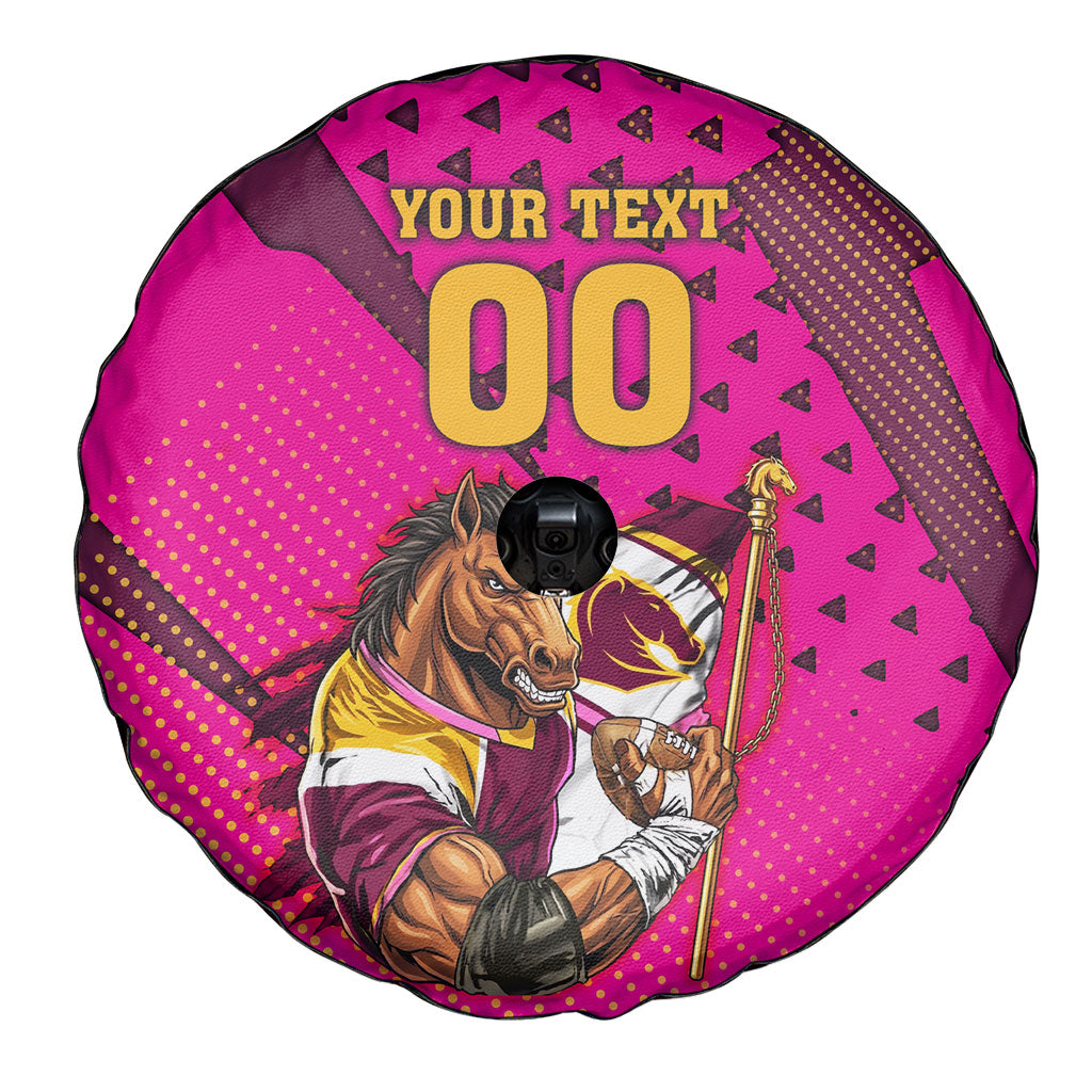 Custom Rugby Broncos Spare Tire Cover Muscular Horse Mascot With Flag In Pink