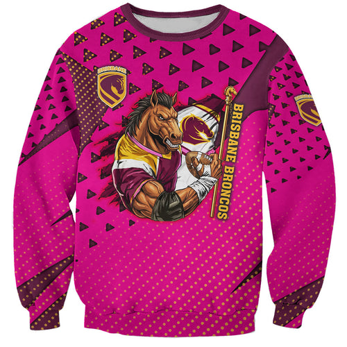 Custom Rugby Broncos Sweatshirt Muscular Horse Mascot With Flag In Pink