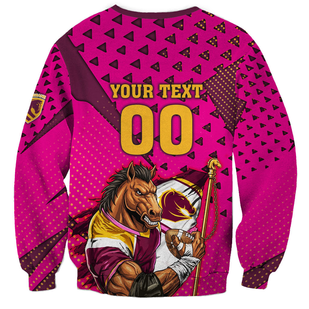 Custom Rugby Broncos Sweatshirt Muscular Horse Mascot With Flag In Pink