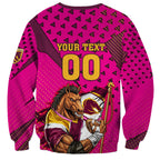 Custom Rugby Broncos Sweatshirt Muscular Horse Mascot With Flag In Pink