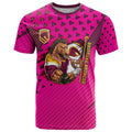 Custom Rugby Broncos T Shirt Muscular Horse Mascot With Flag In Pink