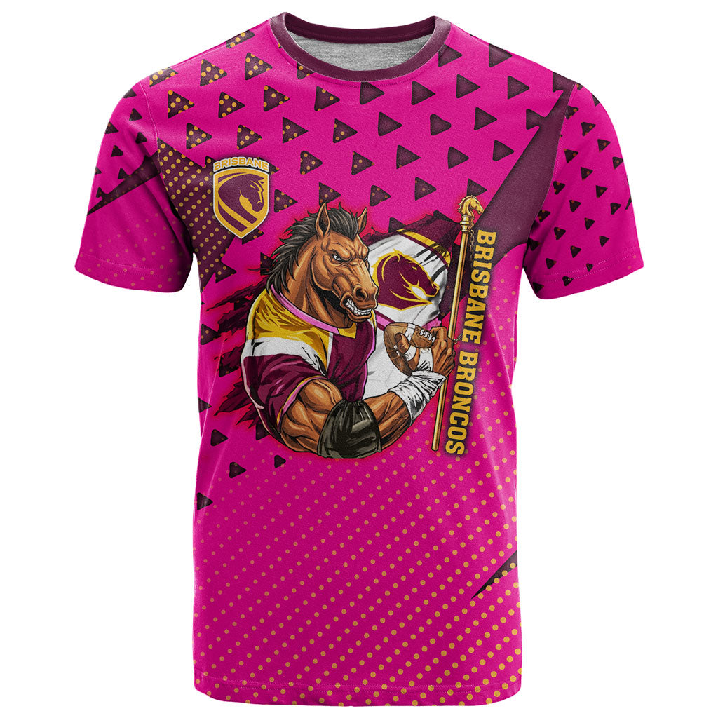 Custom Rugby Broncos T Shirt Muscular Horse Mascot With Flag In Pink