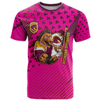 Custom Rugby Broncos T Shirt Muscular Horse Mascot With Flag In Pink