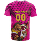 Custom Rugby Broncos T Shirt Muscular Horse Mascot With Flag In Pink