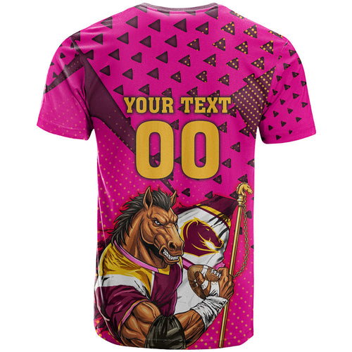 Custom Rugby Broncos T Shirt Muscular Horse Mascot With Flag In Pink