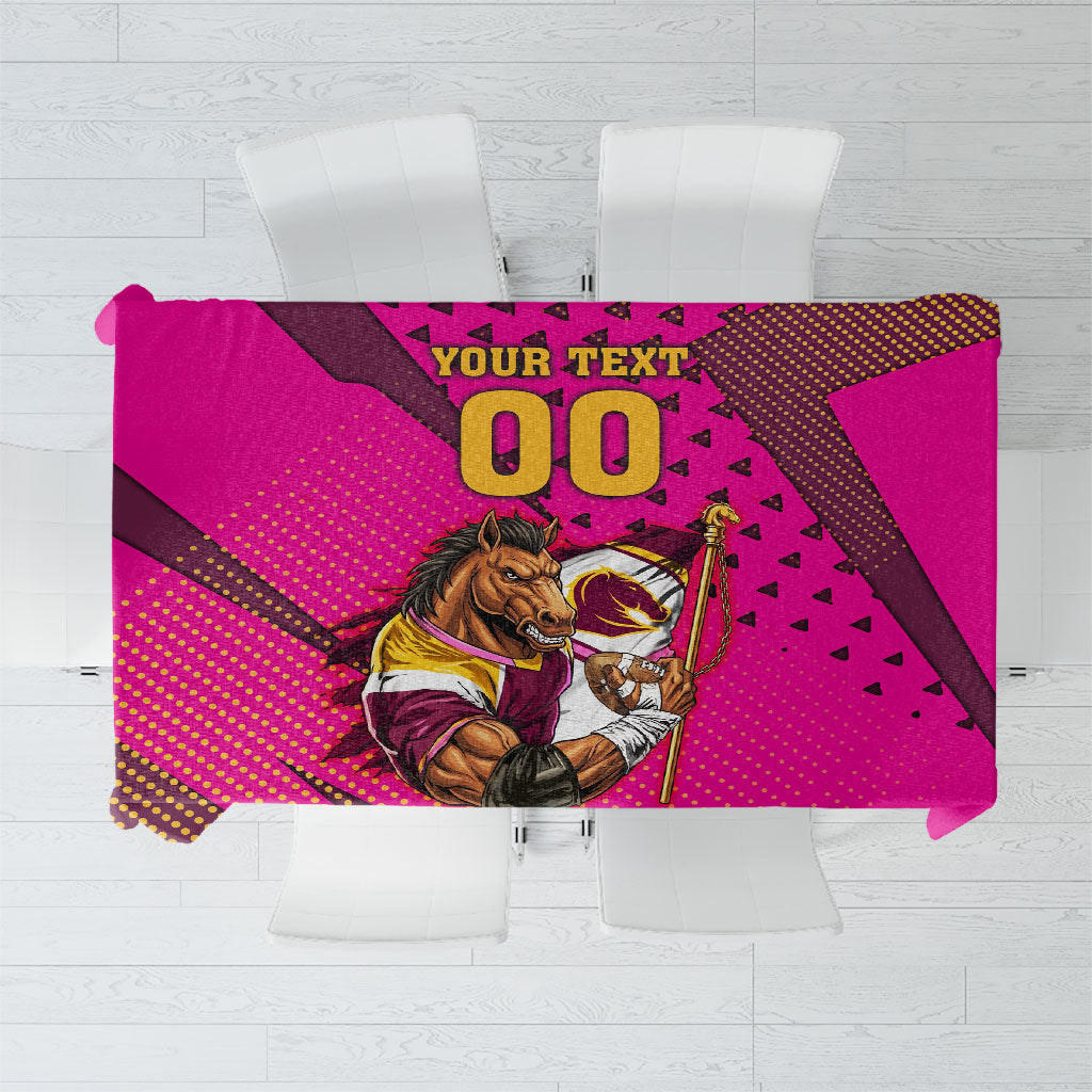 Custom Rugby Broncos Tablecloth Muscular Horse Mascot With Flag In Pink