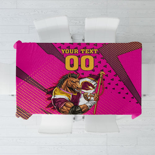 Custom Rugby Broncos Tablecloth Muscular Horse Mascot With Flag In Pink