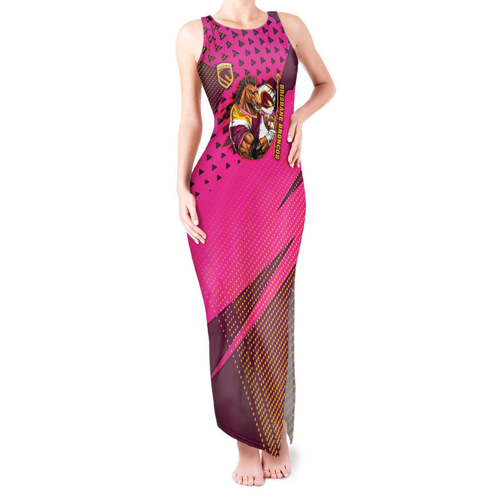 Custom Rugby Broncos Tank Maxi Dress Muscular Horse Mascot With Flag In Pink