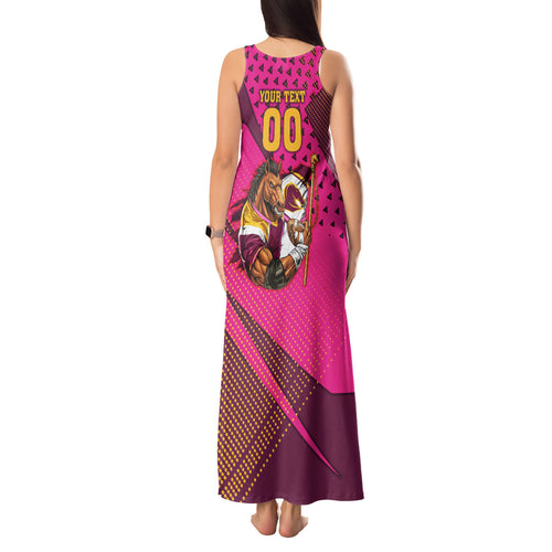 Custom Rugby Broncos Tank Maxi Dress Muscular Horse Mascot With Flag In Pink