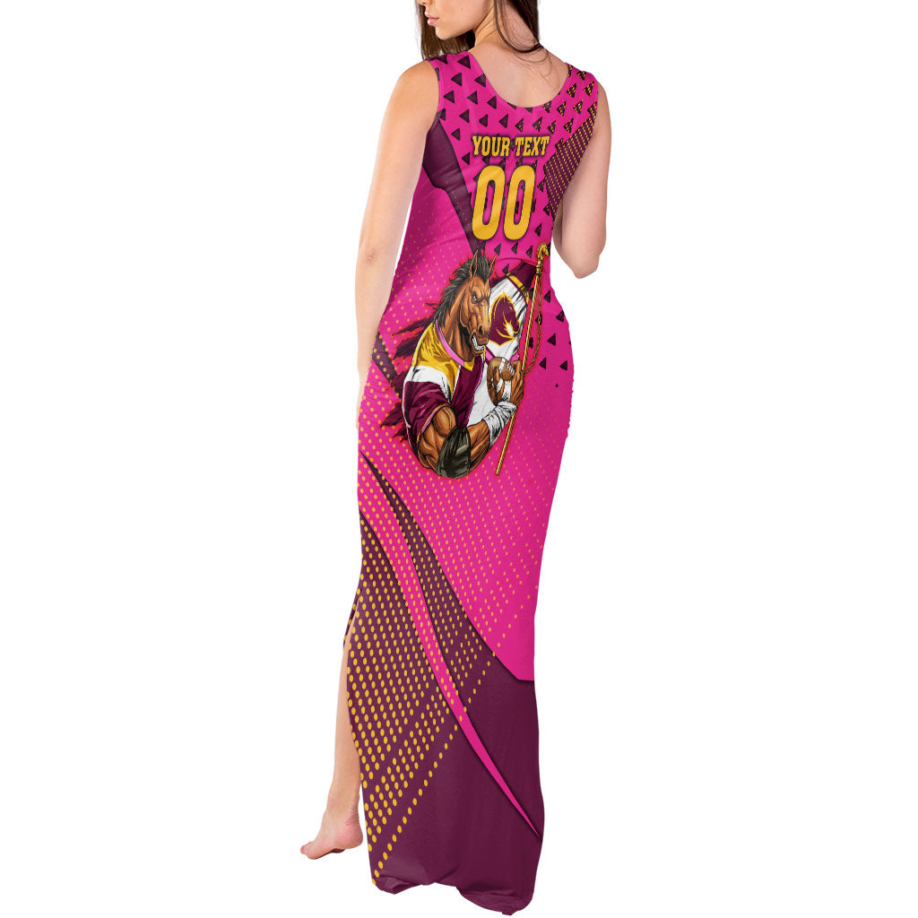 Custom Rugby Broncos Tank Maxi Dress Muscular Horse Mascot With Flag In Pink