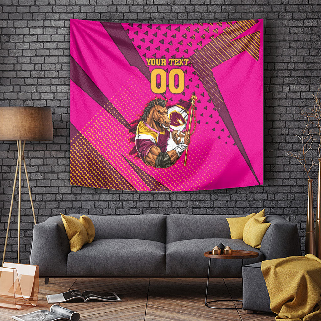 Custom Rugby Broncos Tapestry Muscular Horse Mascot With Flag In Pink