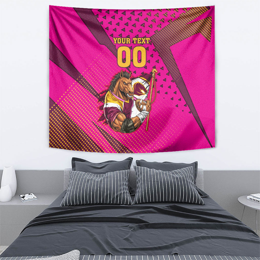 Custom Rugby Broncos Tapestry Muscular Horse Mascot With Flag In Pink