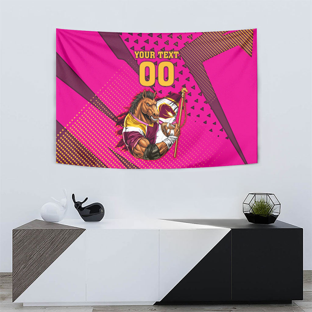 Custom Rugby Broncos Tapestry Muscular Horse Mascot With Flag In Pink