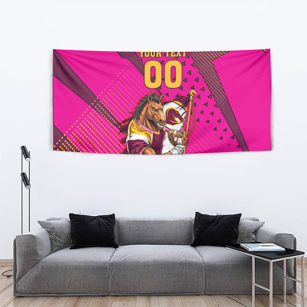 Custom Rugby Broncos Tapestry Muscular Horse Mascot With Flag In Pink