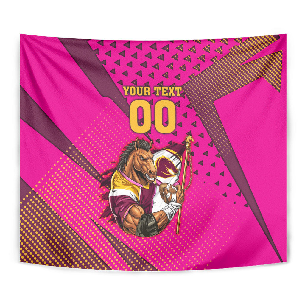 Custom Rugby Broncos Tapestry Muscular Horse Mascot With Flag In Pink