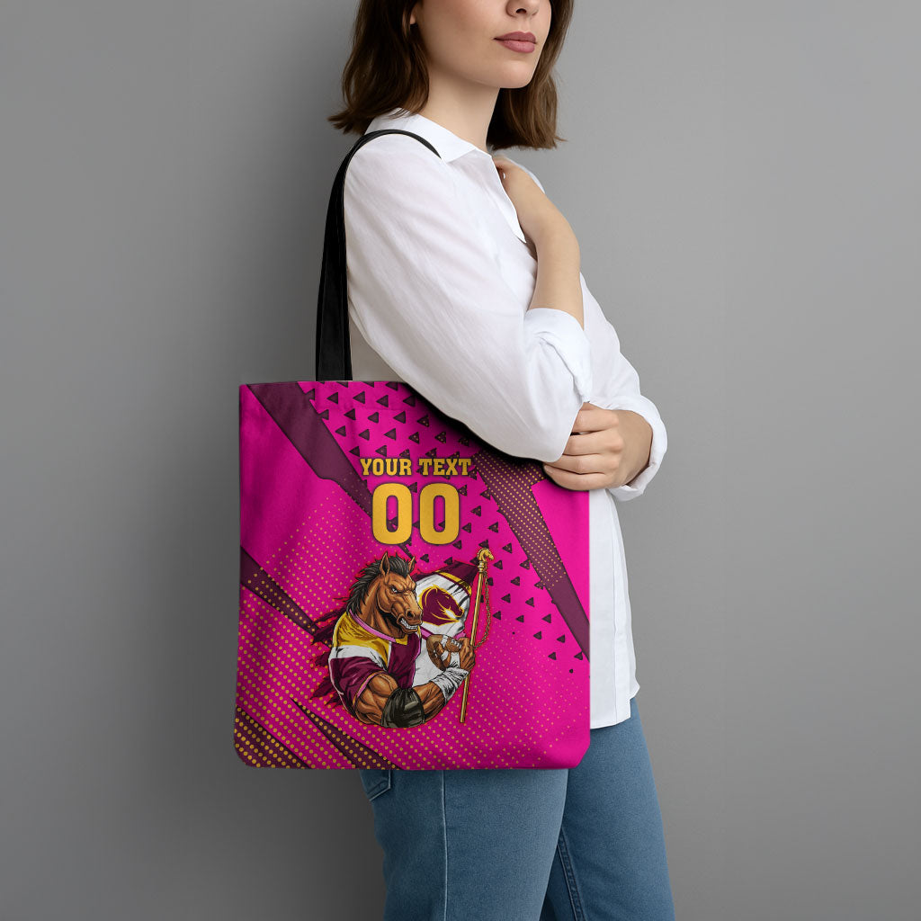 Custom Rugby Broncos Tote Bag Muscular Horse Mascot With Flag In Pink