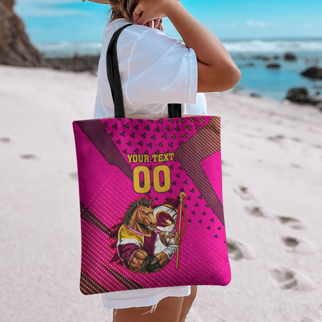 Custom Rugby Broncos Tote Bag Muscular Horse Mascot With Flag In Pink