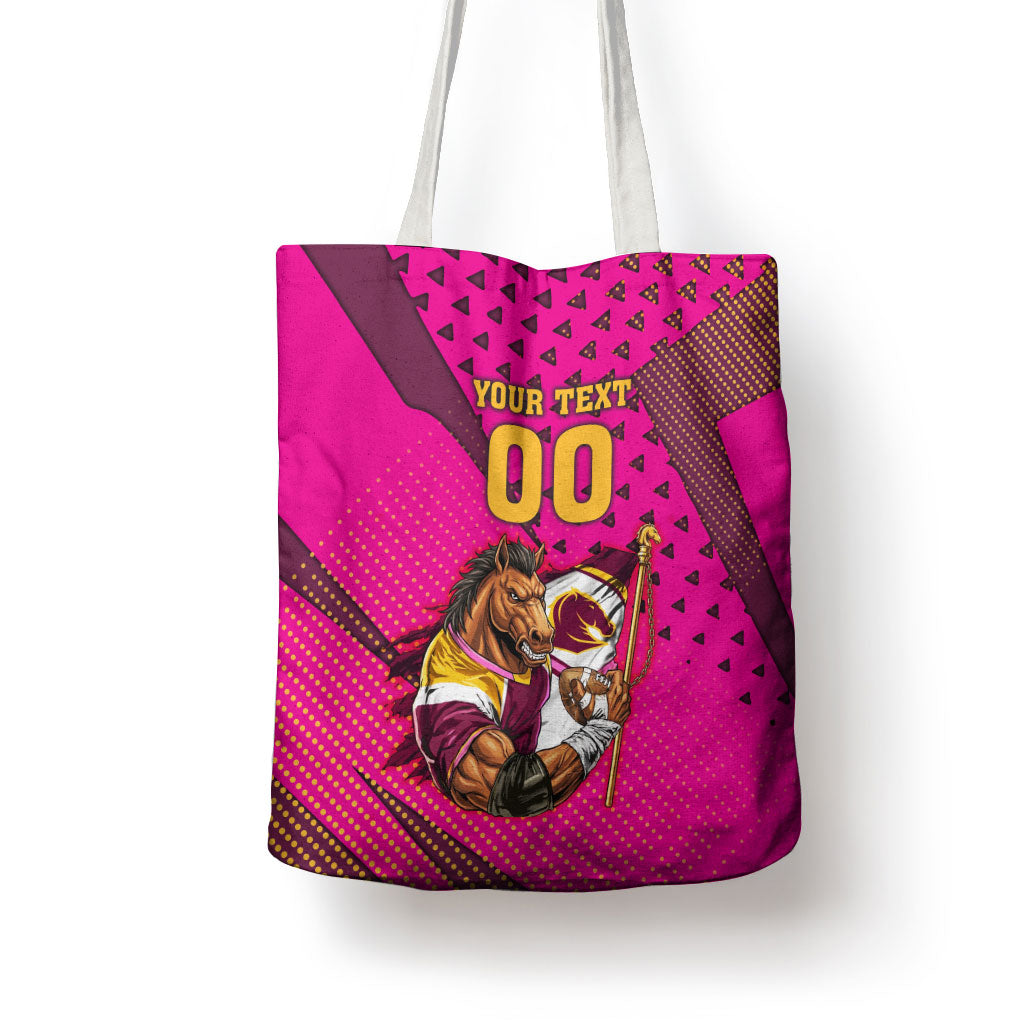 Custom Rugby Broncos Tote Bag Muscular Horse Mascot With Flag In Pink