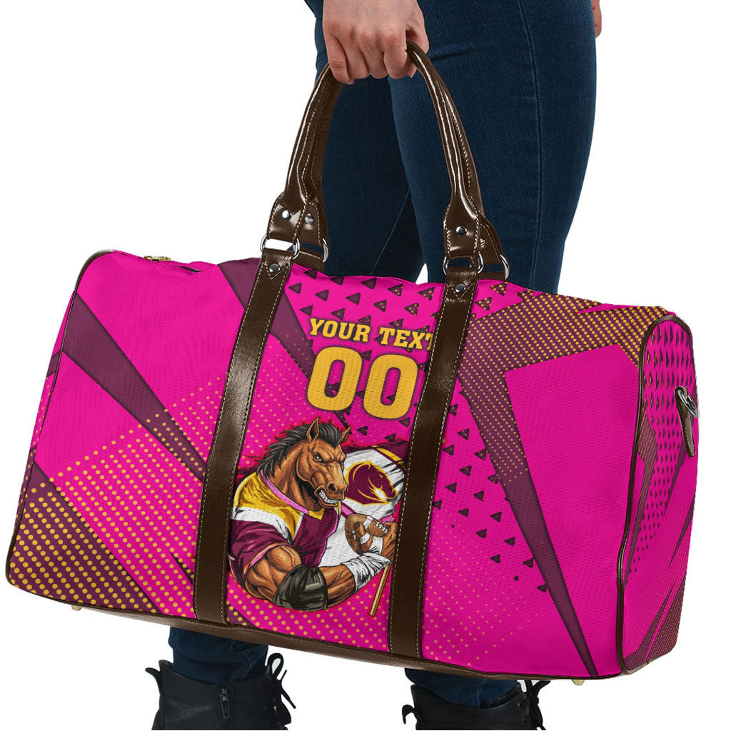 Custom Rugby Broncos Travel Bag Muscular Horse Mascot With Flag In Pink