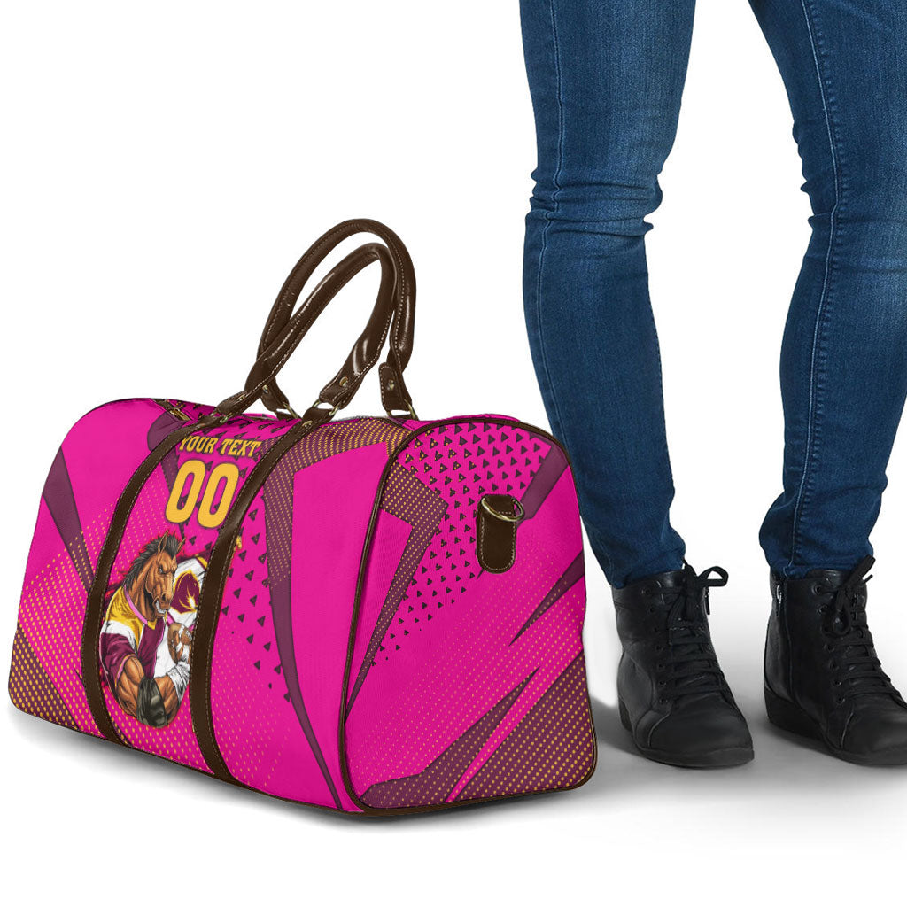 Custom Rugby Broncos Travel Bag Muscular Horse Mascot With Flag In Pink