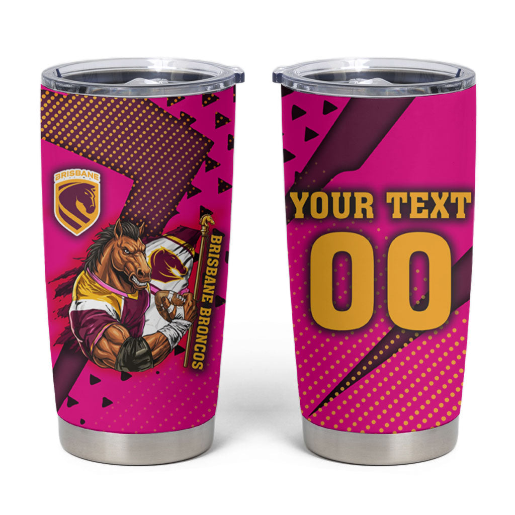 Custom Rugby Broncos Tumbler Cup Muscular Horse Mascot With Flag In Pink
