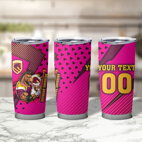 Custom Rugby Broncos Tumbler Cup Muscular Horse Mascot With Flag In Pink