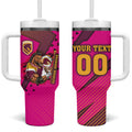 Custom Rugby Broncos Tumbler With Handle Muscular Horse Mascot With Flag In Pink