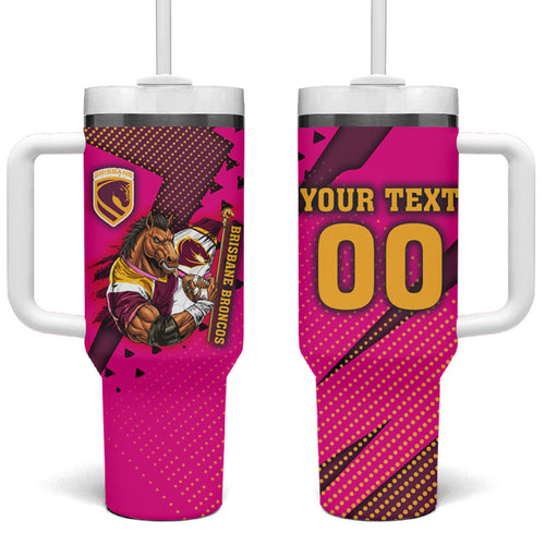 Custom Rugby Broncos Tumbler With Handle Muscular Horse Mascot With Flag In Pink