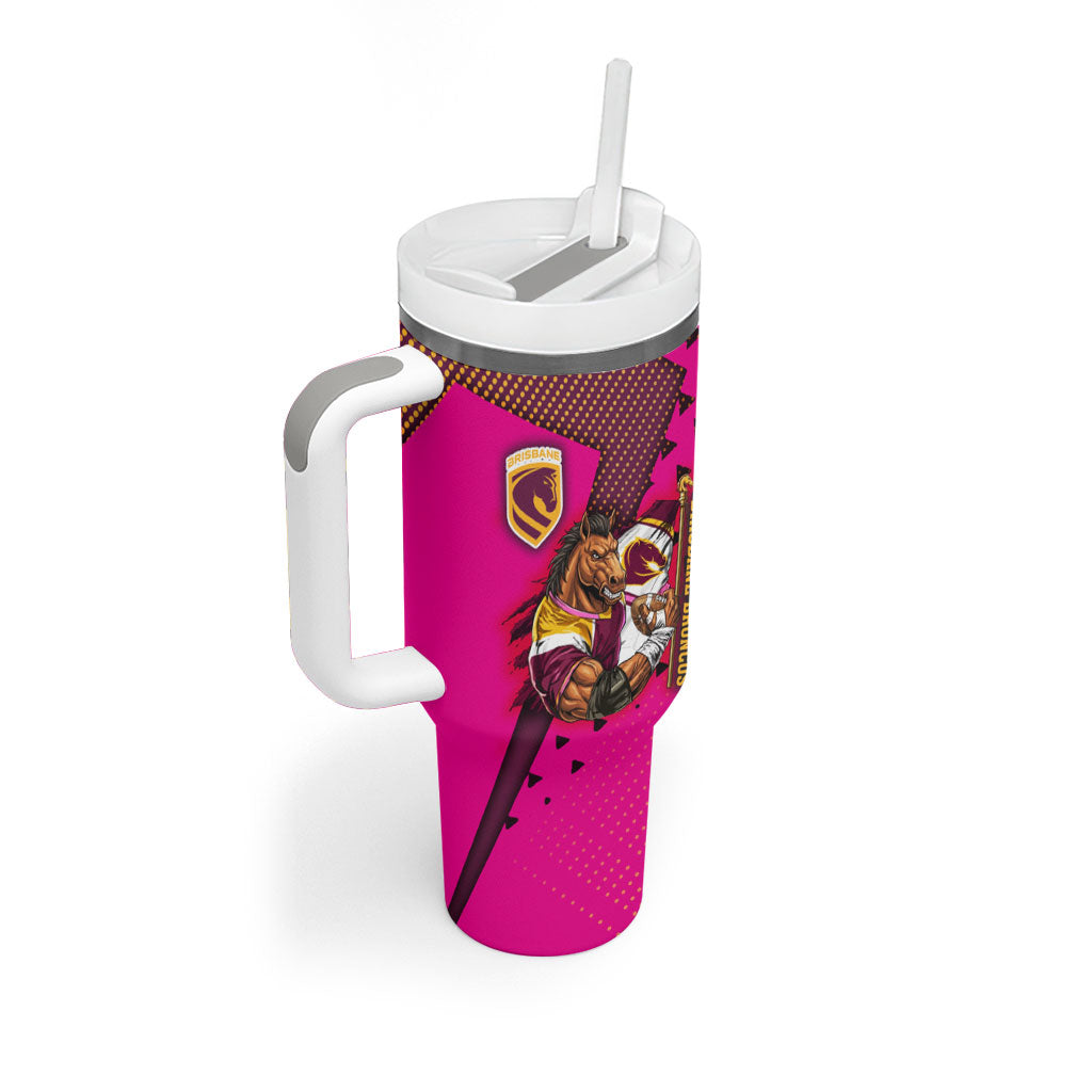 Custom Rugby Broncos Tumbler With Handle Muscular Horse Mascot With Flag In Pink