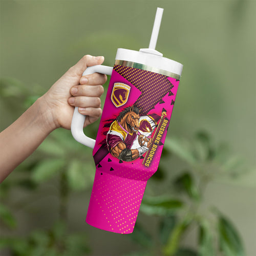 Custom Rugby Broncos Tumbler With Handle Muscular Horse Mascot With Flag In Pink