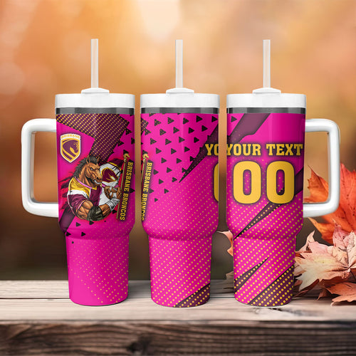 Custom Rugby Broncos Tumbler With Handle Muscular Horse Mascot With Flag In Pink