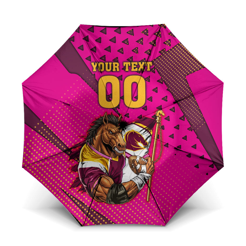 Custom Rugby Broncos Umbrella Muscular Horse Mascot With Flag In Pink