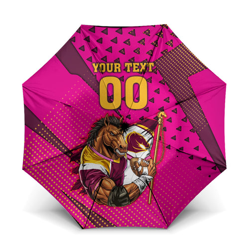Custom Rugby Broncos Umbrella Muscular Horse Mascot With Flag In Pink