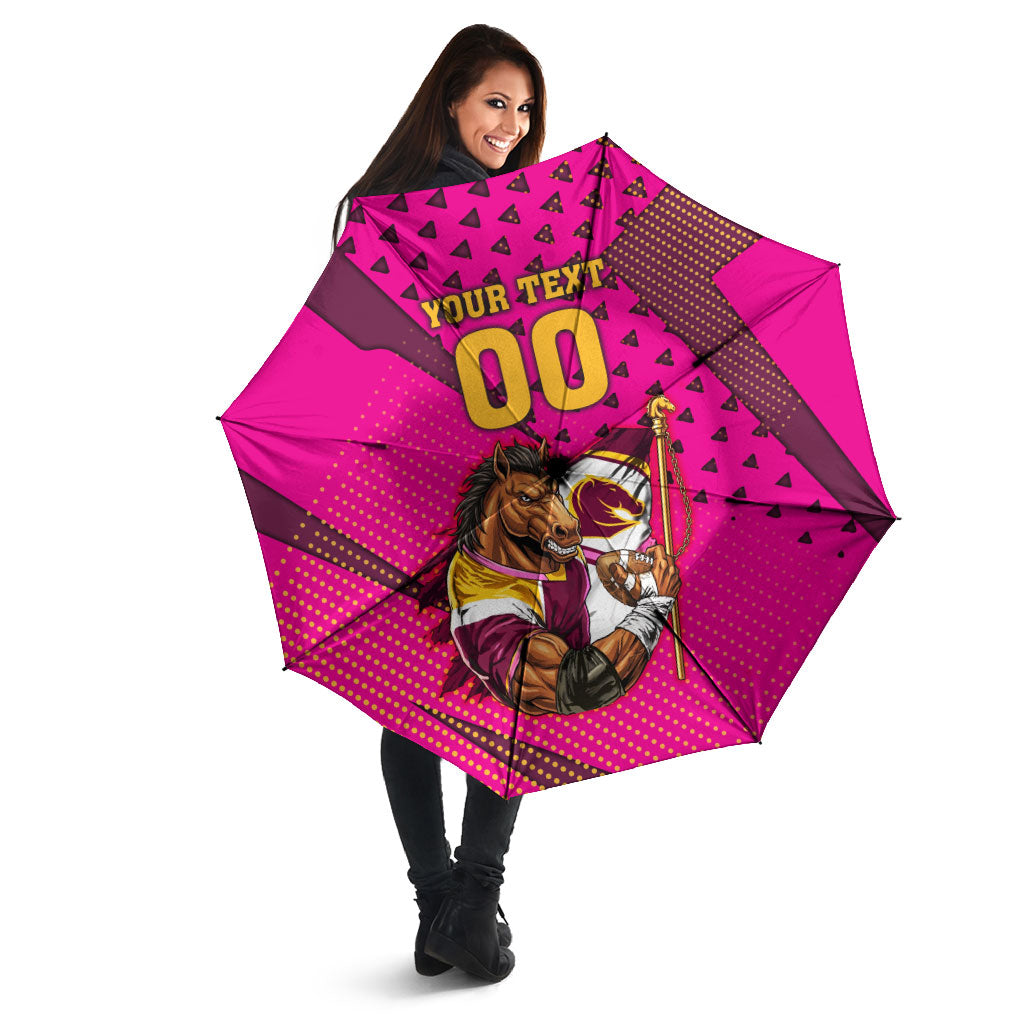 Custom Rugby Broncos Umbrella Muscular Horse Mascot With Flag In Pink