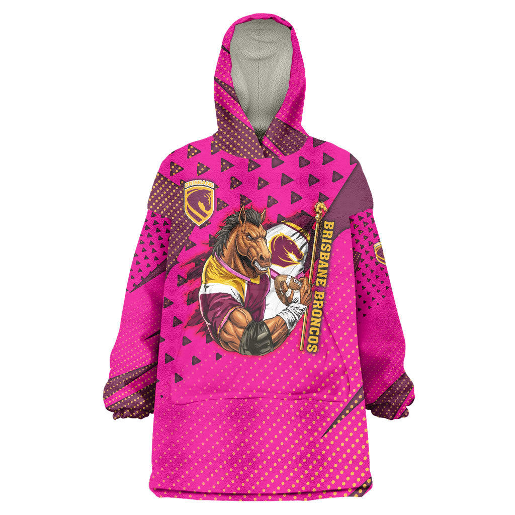 Custom Rugby Broncos Wearable Blanket Hoodie Muscular Horse Mascot With Flag In Pink