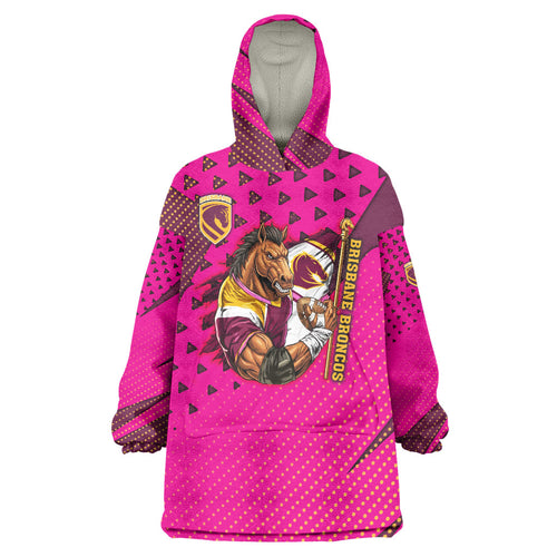 Custom Rugby Broncos Wearable Blanket Hoodie Muscular Horse Mascot With Flag In Pink