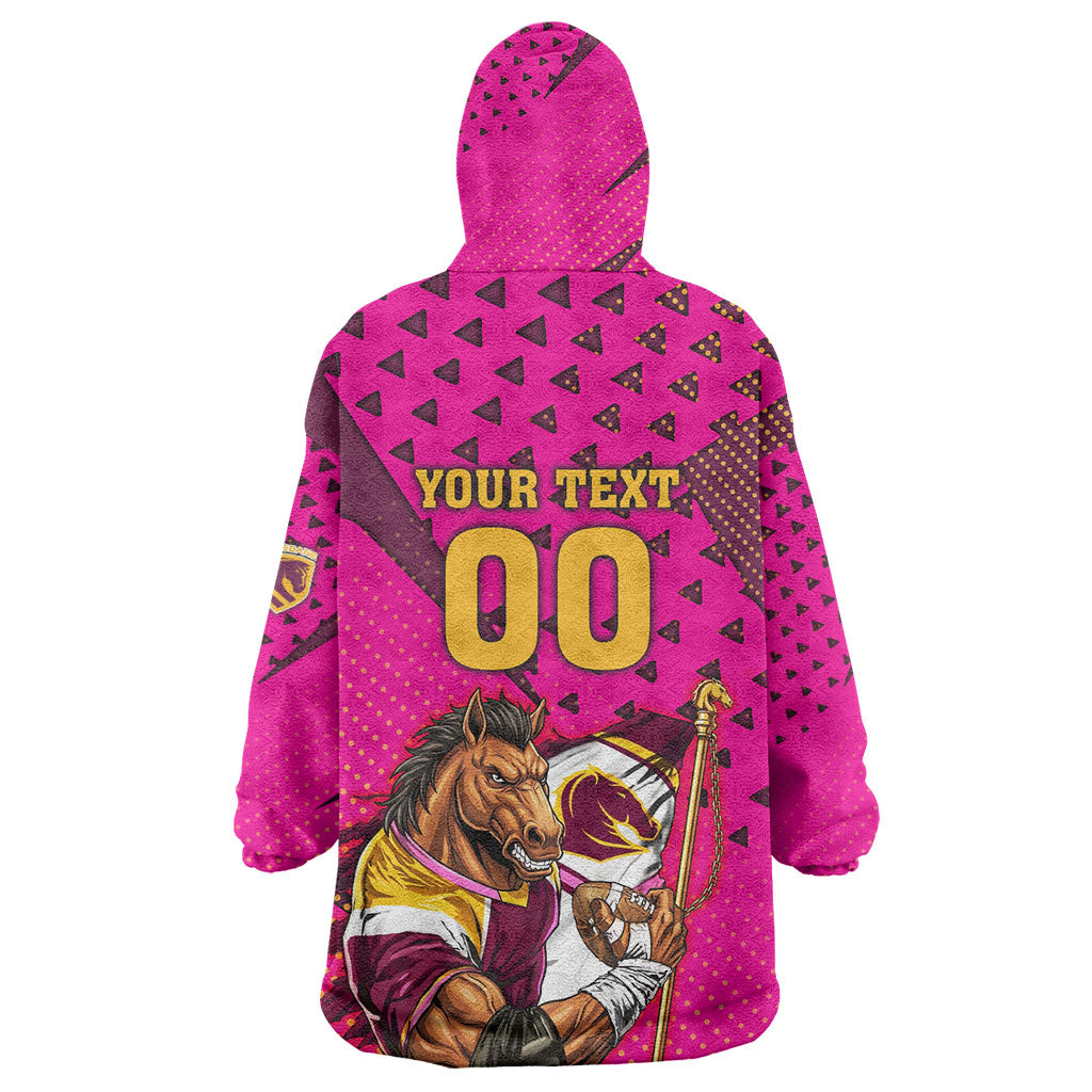 Custom Rugby Broncos Wearable Blanket Hoodie Muscular Horse Mascot With Flag In Pink