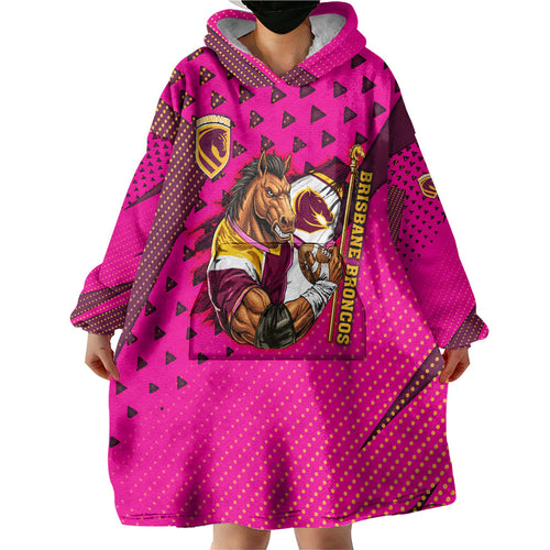 Custom Rugby Broncos Wearable Blanket Hoodie Muscular Horse Mascot With Flag In Pink