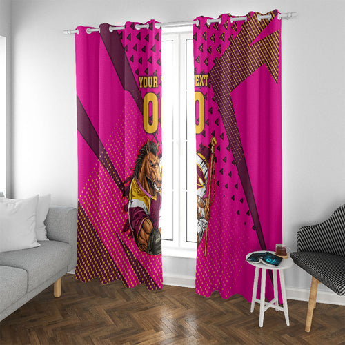 Custom Rugby Broncos Window Curtain Muscular Horse Mascot With Flag In Pink