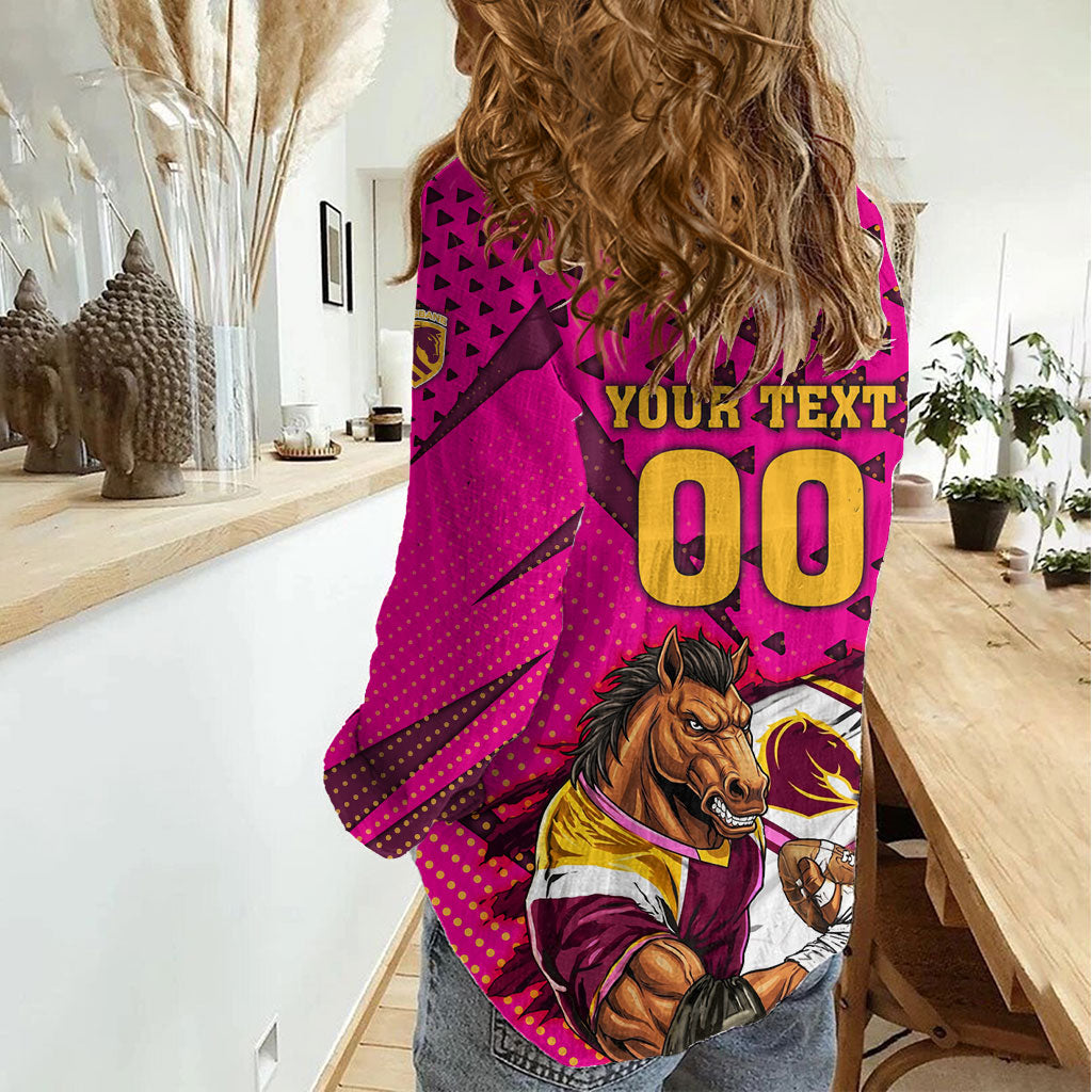 Custom Rugby Broncos Women Casual Shirt Muscular Horse Mascot With Flag In Pink