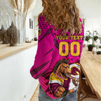 Custom Rugby Broncos Women Casual Shirt Muscular Horse Mascot With Flag In Pink