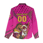 Custom Rugby Broncos Women Casual Shirt Muscular Horse Mascot With Flag In Pink