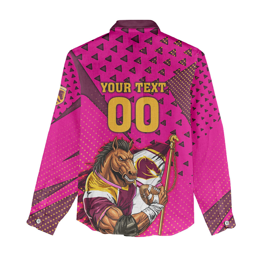 Custom Rugby Broncos Women Casual Shirt Muscular Horse Mascot With Flag In Pink