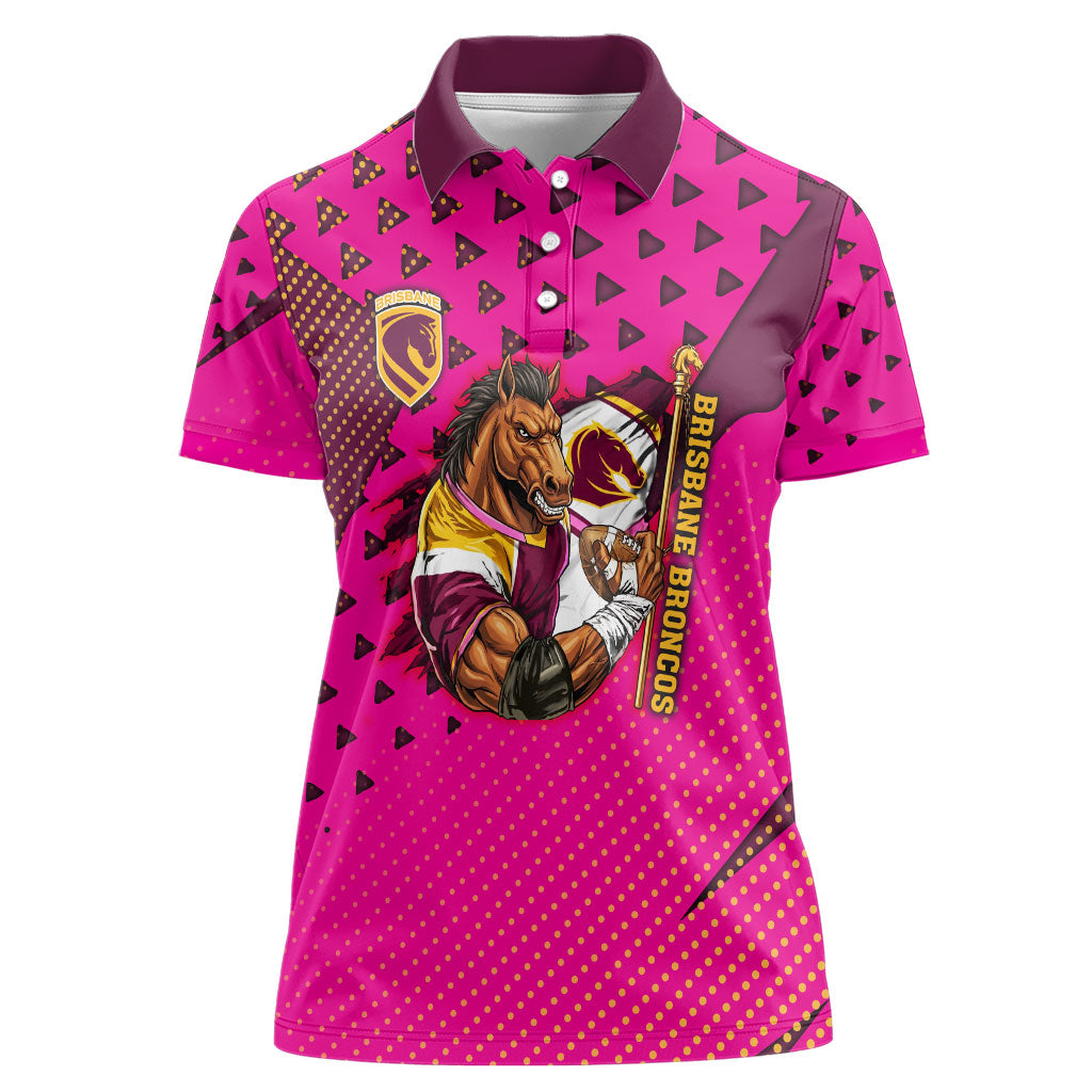 Custom Rugby Broncos Women Polo Shirt Muscular Horse Mascot With Flag In Pink