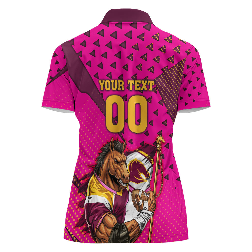 Custom Rugby Broncos Women Polo Shirt Muscular Horse Mascot With Flag In Pink